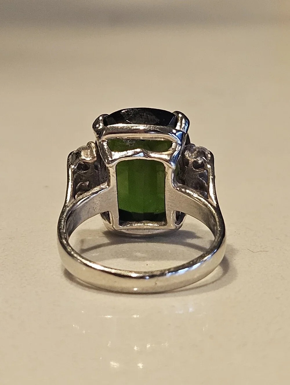 Estate 14k WG 11ct Natural Green Tourmaline Diamond Cocktail Ring Sz 5.5